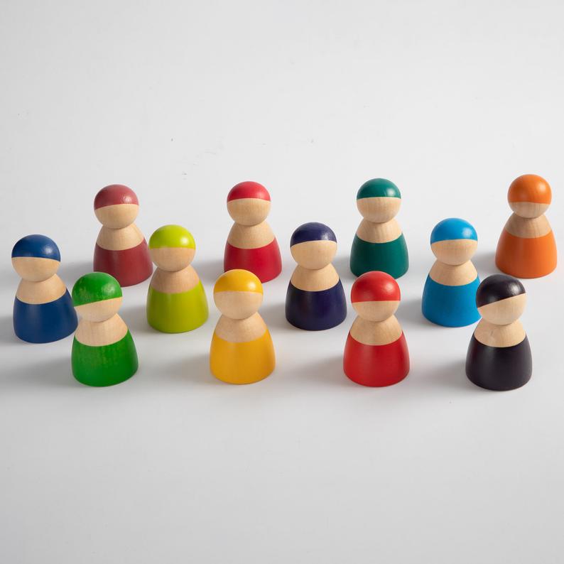 12 Pcs Rainbow Wooden Peg Dolls in Primary Colors