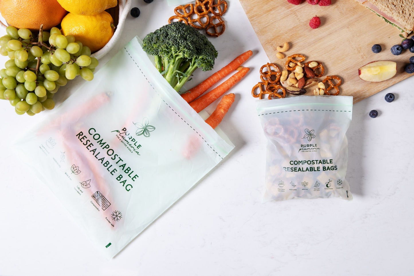 Compostable Resealable Bags. Eco-Friendly & Durable. Snack, Sandwich, Quart & Gallon Sizes
